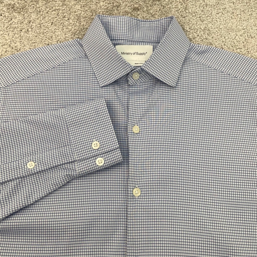 Ministry of Supply Men Small Slim Apollo Blue Grid Button Down Shirt Windowpane